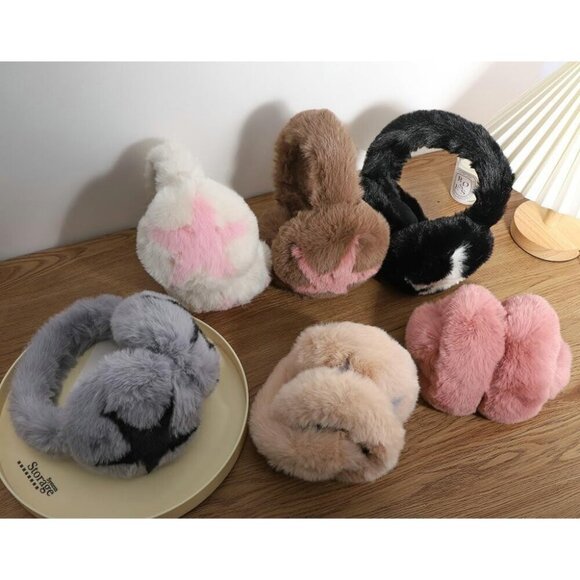Fuzzy Earmuffs Women Girls Plush Faux-Fur Warm Windproof Star Pattern Outdoor